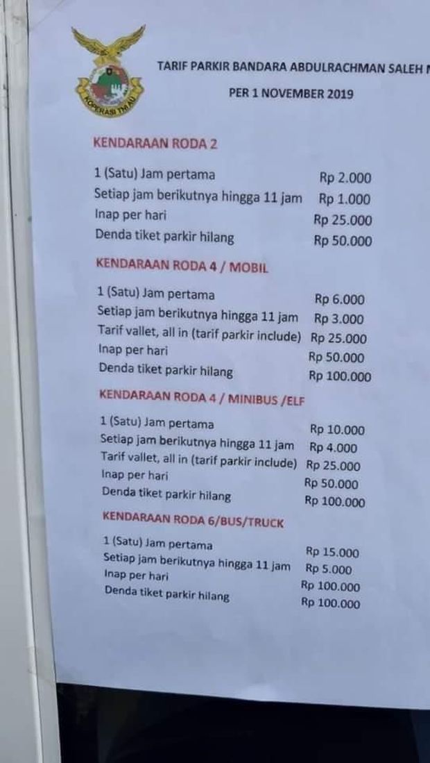 Tarif parkir umum di Bandara Malang