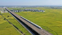 Dari atas, kereta cepat ini tampak seperti peluru raksasa yang tengah melintas di tengah hamparan sawah. Foto: Dok. Xinhua/Lu Boan