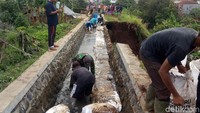 Warga berusaha membuat tanggul sementara dengan karung berisi tanah.