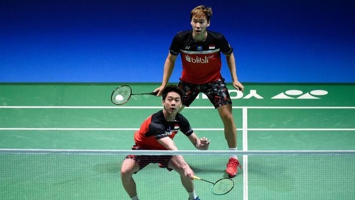 Kevin Sanjaya Sukamuljo/Marcus Fernaldi Gideon menang di laga pertama BWF World Tour Finals 2019 (Foto: Matt Roberts/Getty Images) Kevin Sanjaya Sukamuljo/Marcus Fernaldi Gideon menang di laga pertama BWF World Tour Finals 2019 (Foto: Matt Roberts/Getty Images)
