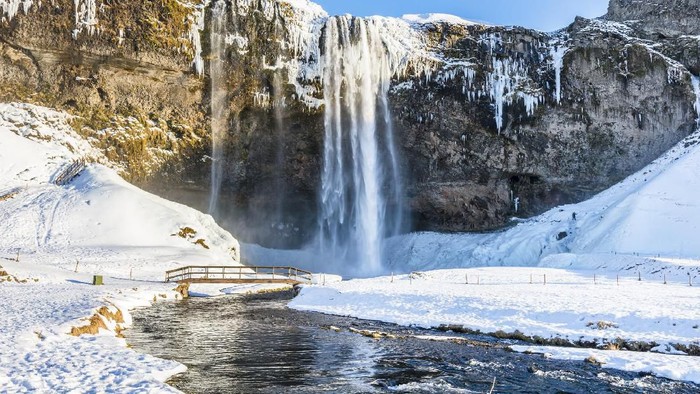 Seljalandfoss from aerial view, Iceland. One of the most beautiful waterfall in Iceland.