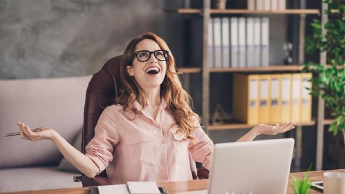 Close up photo beautiful she her business lady hand arm head raised up laugh laughter big salary income earnings genius startup notebook table sit office chair wearing specs formal-wear shirt.