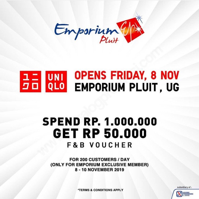 Untuk para pecinta belanja yang tinggal atau berencana mengunjungi kawasan Pluit, dapat mampir ke Uniqlo Emporium Pluit Mall untuk mendapatkan voucher belanja senilai Rp 50 ribu pada pembukaan gerainya. Penawaran itu berlaku 08-10 November. Foto: Twitter/Istimewa