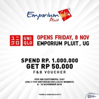Untuk para pecinta belanja yang tinggal atau berencana mengunjungi kawasan Pluit, dapat mampir ke Uniqlo Emporium Pluit Mall untuk mendapatkan voucher belanja senilai Rp 50 ribu pada pembukaan gerainya. Penawaran itu berlaku 08-10 November. Foto: Twitter/Istimewa