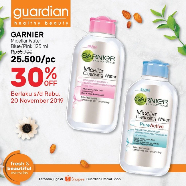 Untuk mendapatkan skincare yang diskon, Anda juga bisa mengunjungi gerai Guardian terdekat. Beragam produk yang sedang susut harga hingga 30%, seperti sunblock LOreal, scrub St. Ives, hingga micellar water Garnier. Foto: Twitter/Istimewa