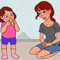 Orangtua memberikan makanannya untukmu saat kamu lapar. Walaupun sebenarnya orangtuamu juga merasa lapar namun mereka akan memberikan makanannya kepadamu di saat kamu merasa lapar. Ini adalah salah satu kebohongan yang dibuat oleh orangtuamu. Orangtuamu mungkin akan berkata bahwa mereka sudah kenyang agar kamu memakan makanannya, padahal kenyataannya tidaklah demikian. Orangtua tidak akan membiarkan anak-anaknya merasa kelaparan. Foto: Brightside