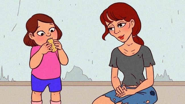Orangtua memberikan makanannya untukmu saat kamu lapar. Walaupun sebenarnya orangtuamu juga merasa lapar namun mereka akan memberikan makanannya kepadamu di saat kamu merasa lapar. Ini adalah salah satu kebohongan yang dibuat oleh orangtuamu. Orangtuamu mungkin akan berkata bahwa mereka sudah kenyang agar kamu memakan makanannya, padahal kenyataannya tidaklah demikian. Orangtua tidak akan membiarkan anak-anaknya merasa kelaparan. Foto: Brightside