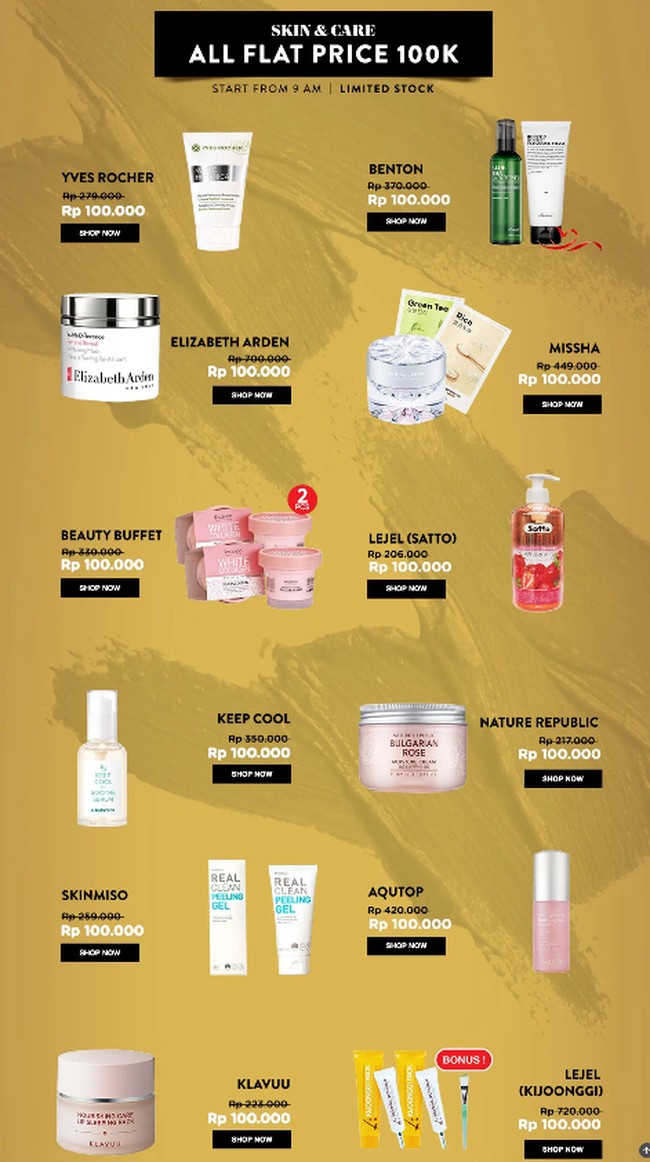 Kehabisan skincare? Anda bisa mencari produk-produk yang diskon di situs belanja iLotte. Sejumlah brand-brand terkenal, seperti Yves Roches, Elizabeth Arden, Nature Republic, Klavuu hingga Benton bisa didapatkan seharga Rp 100 ribu. Jangan sampai ketinggalan promo yang berlaku hingga besok ini. Foto: Istimewa