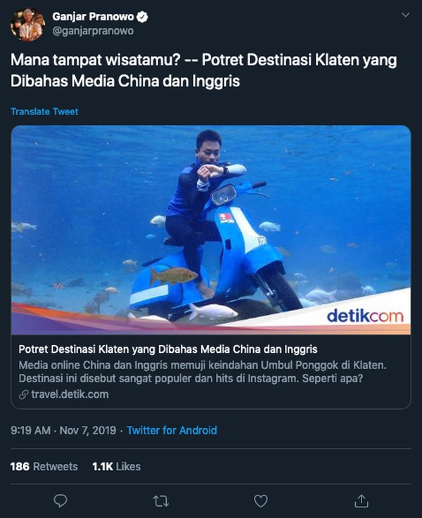 Di akun Twitter-nya, Ganjar Pranowo posting tautan berita tentang Umbul Ponggok yang dapat pujian dari media asing. (Foto: screenshot Twitter Ganjar Pranowo)