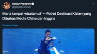 Di akun Twitter-nya, Ganjar Pranowo posting tautan berita tentang Umbul Ponggok yang dapat pujian dari media asing. (Foto: screenshot Twitter Ganjar Pranowo)