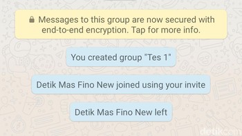Sayangnya, fitur ini belum bisa menghilangkan notifikasi jika pengguna keluar dari grup. Banyak yang menantikan WhatsApp menghadirkan fitur tanpa notifikasi tersebut. Kita tunggu saja. (Foto: screenshot)