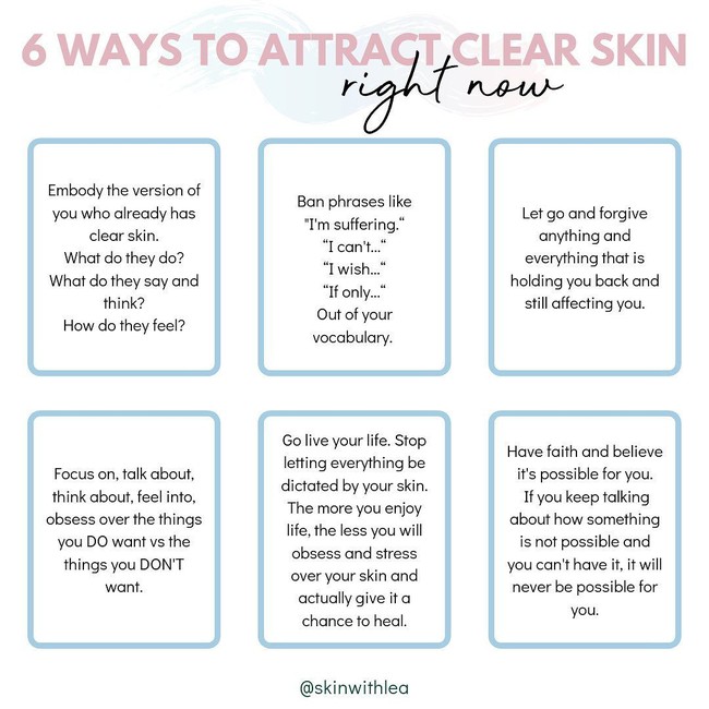 Di Instagram, Lea sering kali berbagi tipsnya. Beberapa di antaranya adalah dengan membayangkan seperti apa kulit indah yang diidamkan, lalu percaya bahwa kamu sebenarnya sudah memiliki kulit indah tersebut, membuat rutinitas positif di pagi hari, bersyukur, dan percaya. Foto: Instagram @skinwithlea