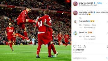Andrew Robertson: Jangan pernah merayakan dengan Bobby. Foto: Instagram