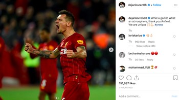 Dejan Lovren: What a game, what a atmosfere, terima kasih Anfield. Kita ini unik. Foto: Instagram