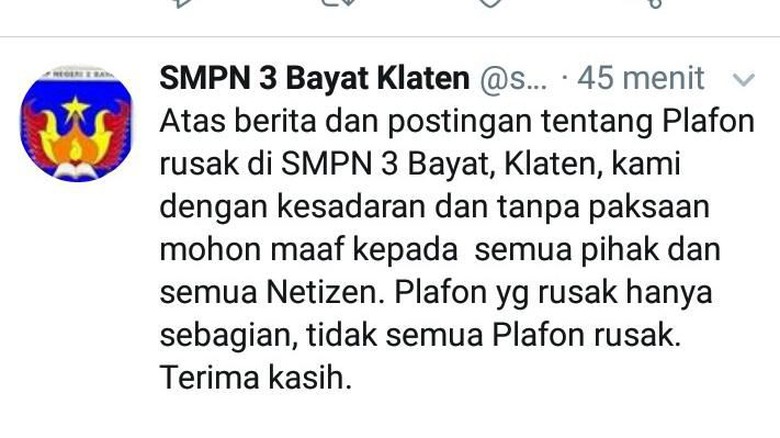 Guru SMPN di Klaten Minta Maaf Usai Posting Plafon Kelas Rusak Guru SMPN di Klaten Minta Maaf Usai Posting Plafon Kelas Rusak