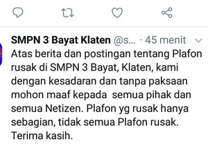 Guru SMPN di Klaten Minta Maaf Usai Posting Plafon Kelas Rusak
