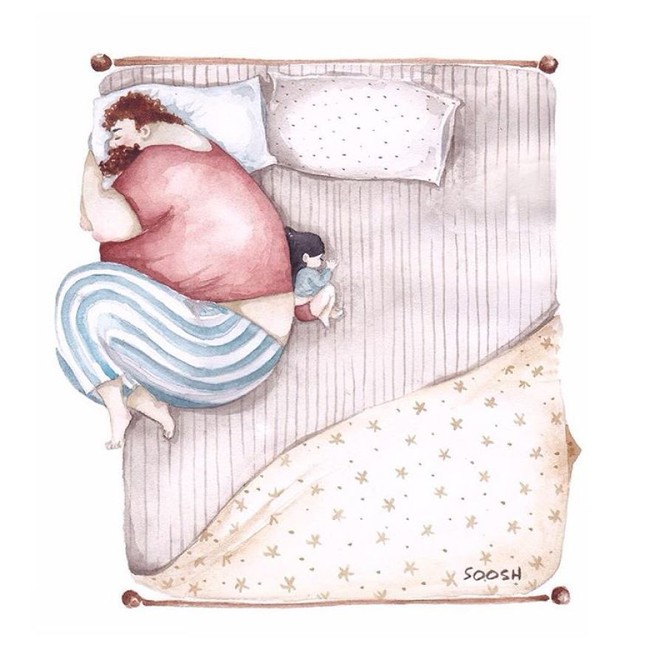 Selama anaknya nyaman dan aman, ayah siap berkorban apapun. Termasuk hanya mendapat bagian kecil di ujung tempat tidur. Foto: Instagram @vskafandre