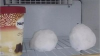 Tak usah heran, bola-bola es yang disimpan dekat es krim cokelat di freezer ini juga dijual. Disebut sebagai ‘snow ball’ terbesar dalam sepanjang sejarah musim salju di New York. Harganya USD 10.000 atau Rp 140 juta. Foto: Instagram @ebaybae