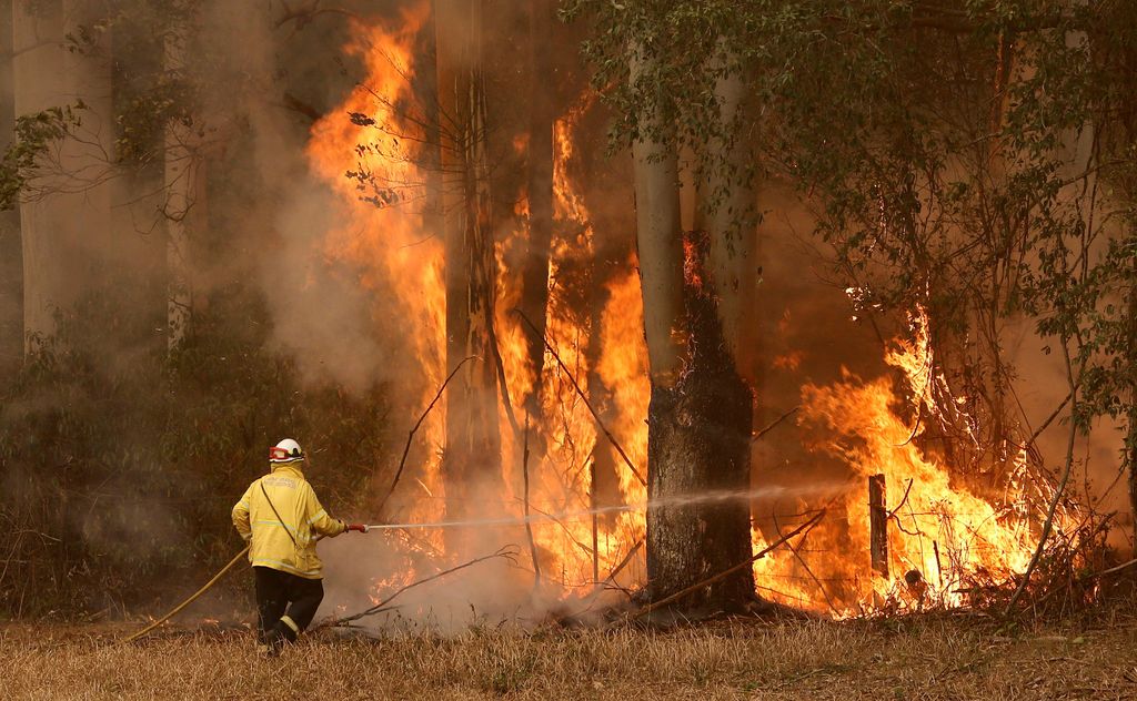 A Tuncurry fire crew member fights part of the Hillville bushfire south of Taree, in the Mid North Coast region of NSW, Australia, November 12, 2019.  AAP Image/Darren Pateman/via REUTERS    ATTENTION EDITORS - THIS IMAGE WAS PROVIDED BY A THIRD PARTY. NO RESALES. NO ARCHIVE. AUSTRALIA OUT. NEW ZEALAND OUT.