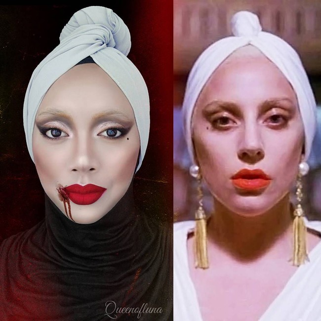 Tak hanya karakter-karakter menyeramkan, ia juga berdandan meniru artis seperti Lady Gaga. Selain makeup, Saraswati juga berusaha untuk menampilkan rambut dengan menata hijabnya. (Foto: Instagram @queenofluna)