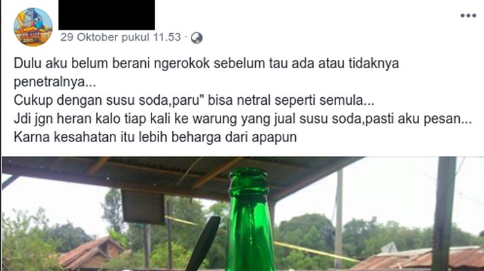 Tampaknya masih ada yang percaya soda susu bisa bersihkan paru-paru. (Foto: Tangkapan layar Facebook) Tampaknya masih ada yang percaya soda susu bisa bersihkan paru-paru. (Foto: Tangkapan layar Facebook)