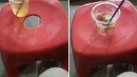 Oh ternyata lubang di kursi plastik ini ada gunanya juga lho. Bisa untuk mengganjal gelas minuman agar tak gampan tumpah ketika tersenggol. Bisa ditiru deh. Foto: istimewa