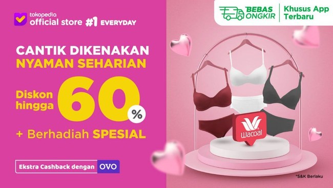 Anda yang perlu pakaian dalam baru bisa mencari produk-produk Wacoal di Tokopedia sampai 24 November. Selain diskon hingga 60%, ditawarkan pula gratis washing net untuk pembelian minimal Rp 500 ribu dan ekstra cashback dengan pembayaran melalui OVO. Foto: Twitter/Instagram