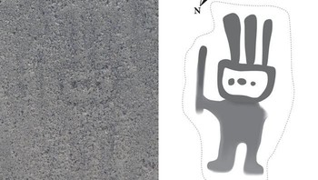 Salah satu yang menarik perhatian adalah gambar seperti manusia, namun kepalanya aneh berbentuk segi empat, memegang tongkat dan mengenakan semacam hiasan di atas. Panjangnya 4 meter  dan lebarnya 2 meter. Foto: Live Science