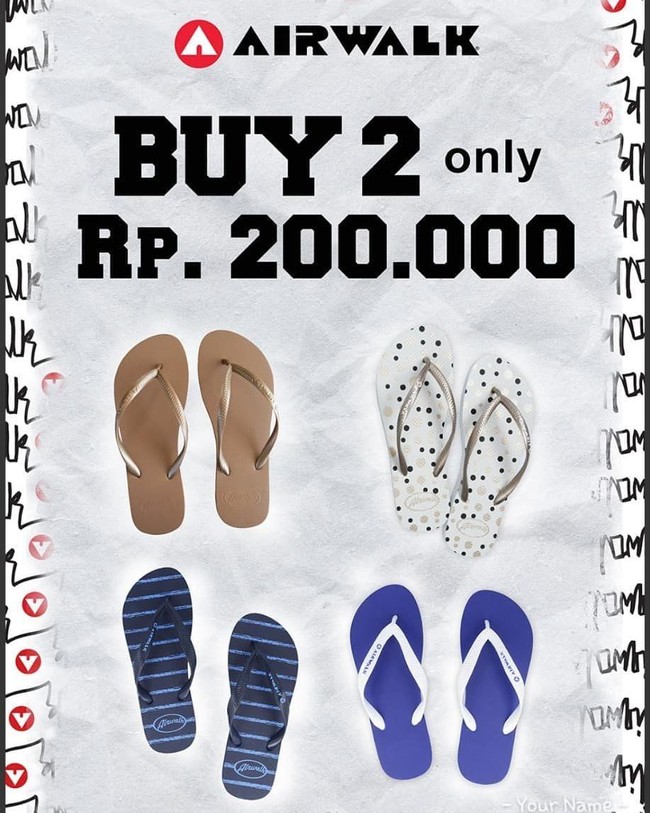 Selain Fladeo, brand Airwalk juga sedang diskon. Merek sepatu itu menawarkan promo menarik yakni dua pasang sandal yang kini bisa dibeli dengan Rp 200 ribu saja. Penawaran ini berlaku selama bulan November di Planet Sport Asia, Sports Station, dan Royal Sporting House. Foto: Twitter/Instagram