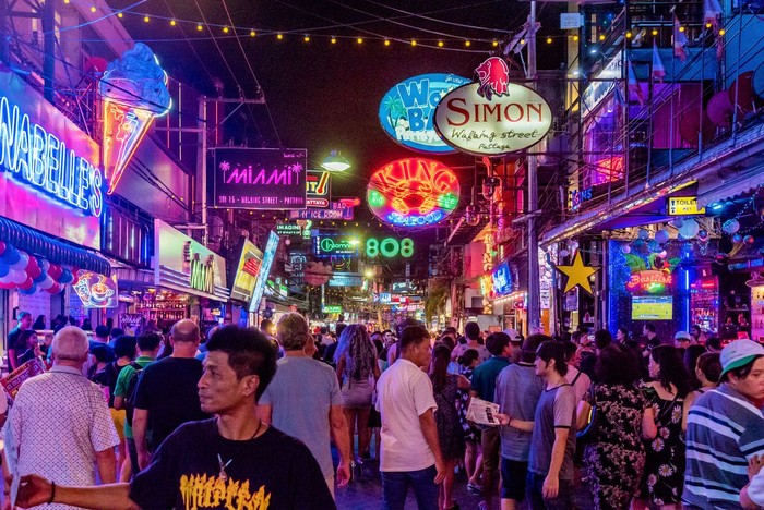 Pattaya: This is Walking Street a famous red light district where many tourists come at night to visit clubs and bars on August 07, 2017 in Pattaya