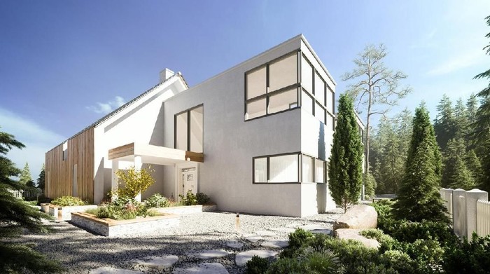 Digitally generated modern suburbian family house/villa with nine interiors (living room,Â dining room, kitchen, pantry,Â anteroom, office, terrace, bedroom, wardrobe and bathroom) and a terrace.

The scene was rendered with photorealistic shaders and lighting in AutodeskÂ® 3ds Max 2016 with V-Ray 3.6 with some post-production added.