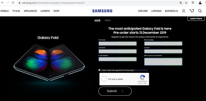Pengumuman pre order Galaxy Fold di Indonesia. Foto: Screenshoot