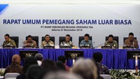 Jajaran Direksi PT Bank Tabungan Negara (Persero) Tbk. Yossi Istanto, Andi Nirwoto, Nixon L. P. Napitupulu, Elisabeth Novie Riswanti, dan Hirwandi Gafar menggelar Rapat Umum Pemegang Saham Luar Biasa (RUPSLB) di Jakarta, Rabu (27/11). Foto: dok. BTN