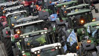 Keberadaan ribuan traktor di pusat Kota Berlin, Jerman, itu pun menarik perhatian warga. Michael Sohn/AP Photo.