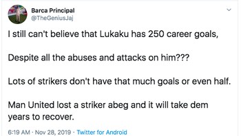 Saya tidak percaya Lukaku telah mencetak 350 gol meskipun hinaan dan serangan menimpa dirinya. Banyak striker tak punya gol setinggi itu atai bahkan separuhnya. MU kehilangan striker hebat dan akan butuh waktu tahunan untuk pulih,. Foto: Twitter