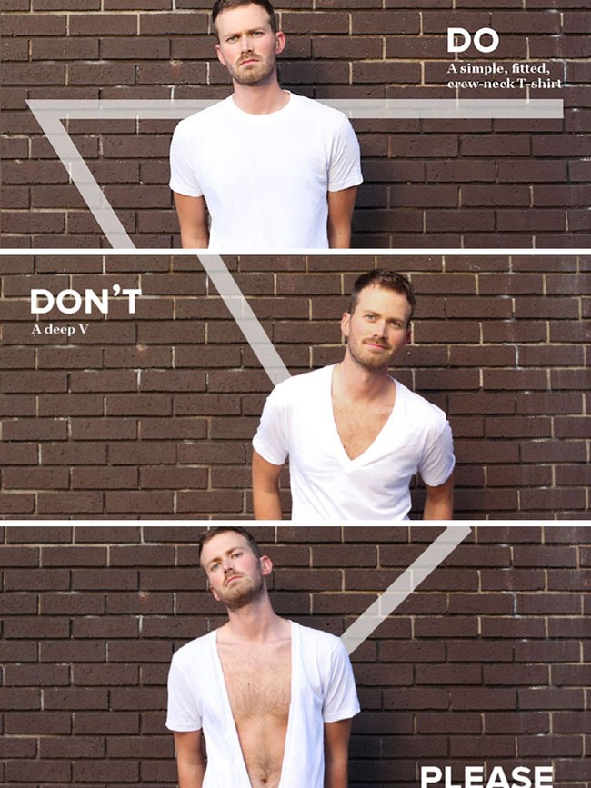 Kamu mungkin sering melihat bahwa baju pria juga ada yang berbentuk v-neck. Tapi hati-hati ya dalam memilihnya, karena kalau salah pilih dan memilih yang terlalu rendah nanti bisa jadi seperti ini. Nggak mau seperti ini kan? Foto: dok. jessicasaia