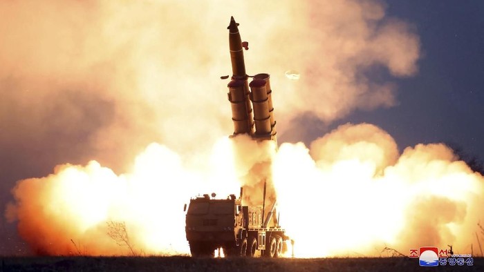 This undated photo provided on Friday, Nov. 29 2019, by the North Korean government, shows what it claims as a test firing of its 