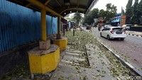 Dedaunan yang berserakan di trotoar tersebut mengganggu estetika di kawasan itu.