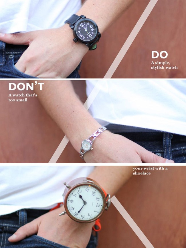 Pakailah barang-barang yang sesuai dengan fungsi dan tujuannya. Jika kamu pria, maka pakailah jam pria. Jangan coba-coba pakai jam wanita apalagi jam weker yang seharusnya ada di kamarmu. Kreatif sih tapi.. Foto: dok. jessicasaia