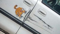Mobil ini baret-baret gara-gara dicakar si kucing nggemesin Garfield. (Boredpanda)