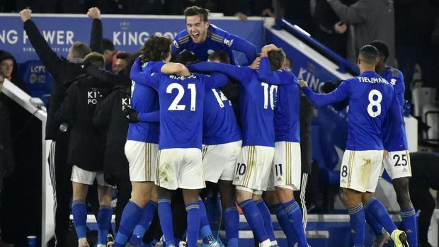 Kegembiraan pemain-pemain Leicester di akhir pertandingan.