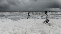 Limbah dan air yang berlebihan kemudian bergerak memasuki laut. Karena proses pengadukan, terbentuklah busa yang kemudian dibawa oleh gelombang dan memenuhi bibir pantai (Arun SANKAR / AFP)