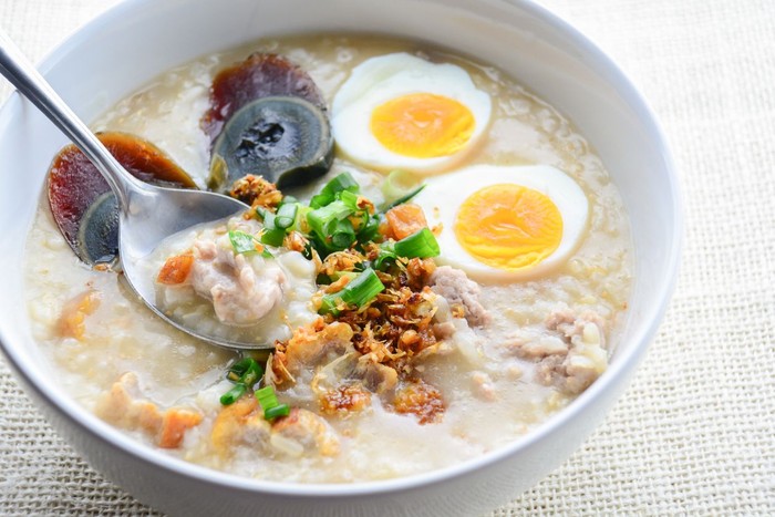 Congee, Rice porridge with minced pork, boiled egg and century egg, great for breakfast.