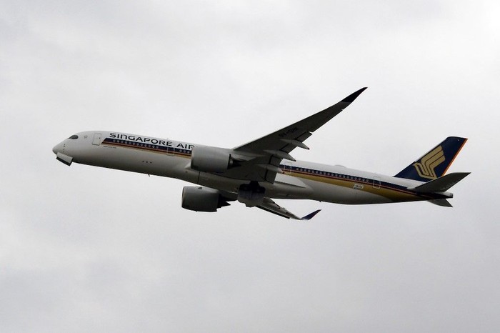 An Airbus A350-941 of airline Singapore Airlines (F-WZGZ 369) is pictured after taking off from the Airbus delivery center, in Colomiers, near Toulouse, southwestern France, on November 15, 2019. (Photo by PASCAL PAVANI / AFP)