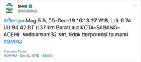 BMKG Laporkan Gempa M 5,5 di Aceh, Tidak Berpotensi Tsunami