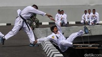 Dua orang prajurit TNI AL tengah menunjukkan kemampuan bela diri mereka di acara peringatan Hari Armada 2019.