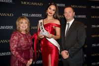 Paula M. Sugart, Miss Universe Catriona Gray and Pascal Mouawad unveil the new Miss Universe crown on December 5, 2019