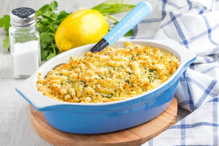 Casserole with crispy crumble, potato gratin, baked meat butter cheese dish, delicious homemade dinner