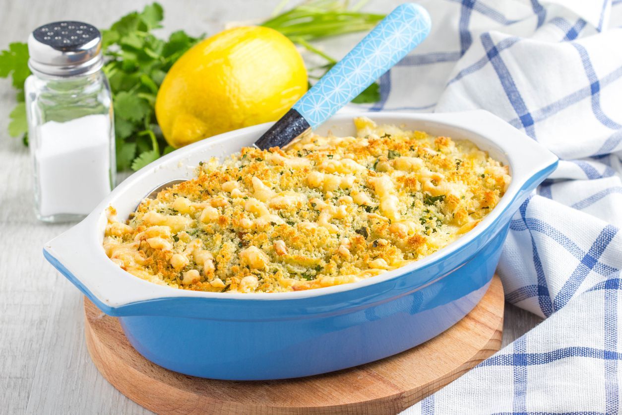 Casserole with crispy crumble, potato gratin, baked meat butter cheese dish, delicious homemade dinner