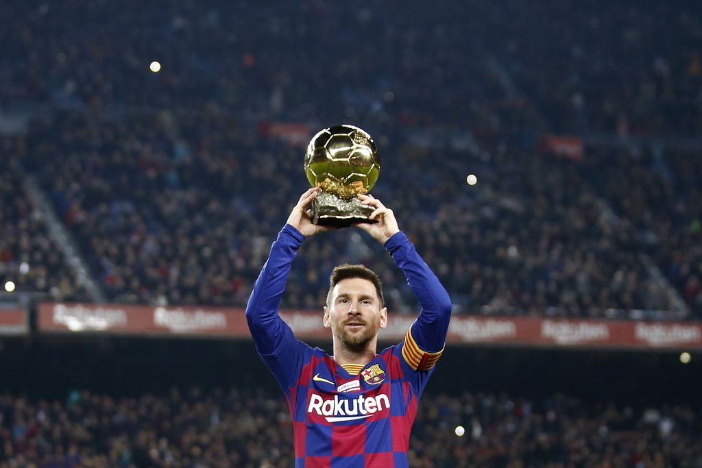 Lionel Messi Barcelona's Lionel Messi shows the supporters his sixth Golden Ball for the best player of the year that he was awarded earlier in the week, before a Spanish La Liga soccer match between Barcelona and Mallorca at Camp Nou stadium in Barcelona, Spain, Saturday, Dec. 7, 2019. (AP Photo/Joan Monfort)